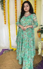 Hand embroidered sea green printed chiffon anarkali skirt set