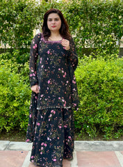Hand Embroidered Black Printed Chiffon Sharara Set