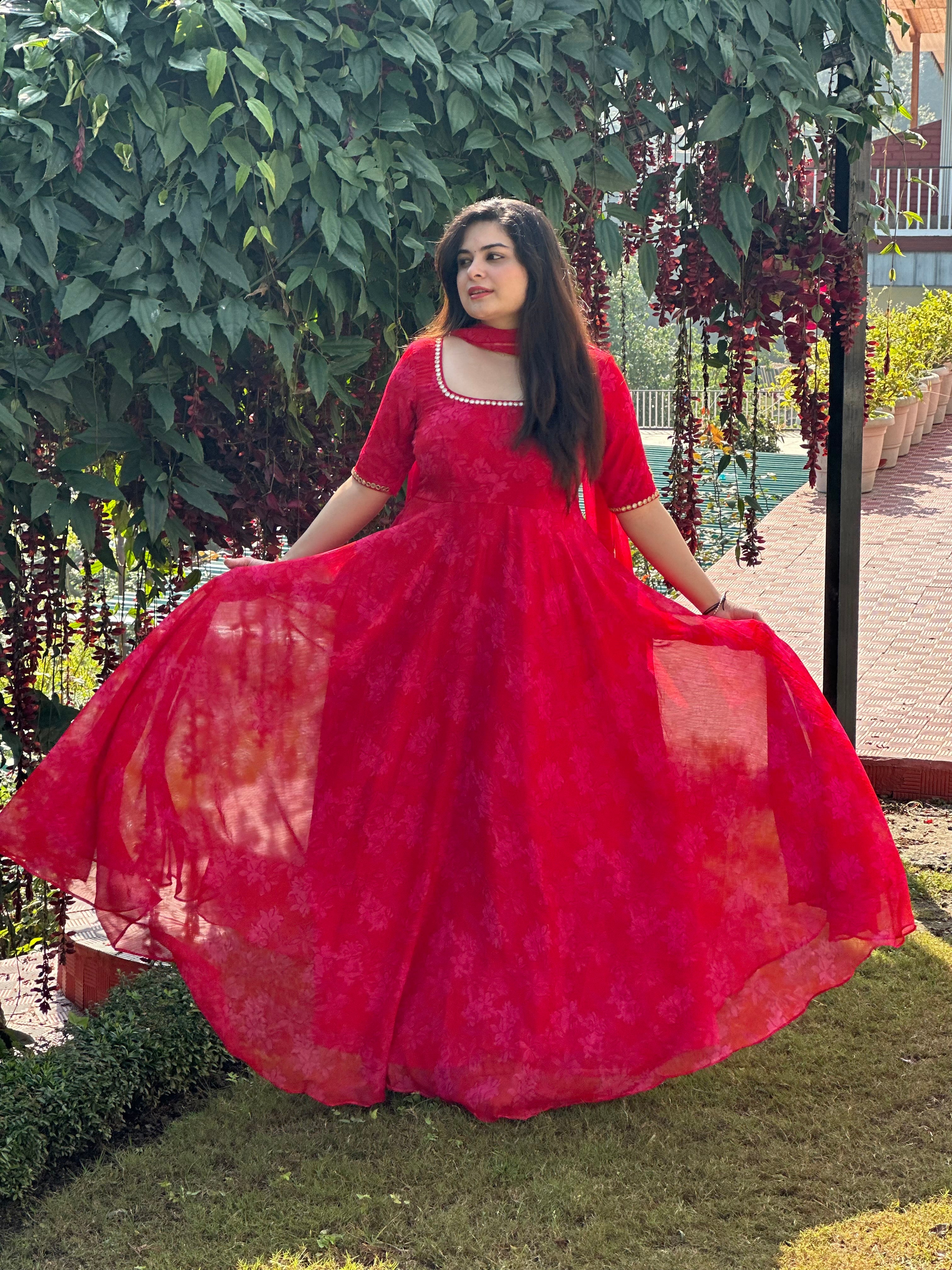 Party wear hand embroidered red printed anarkali