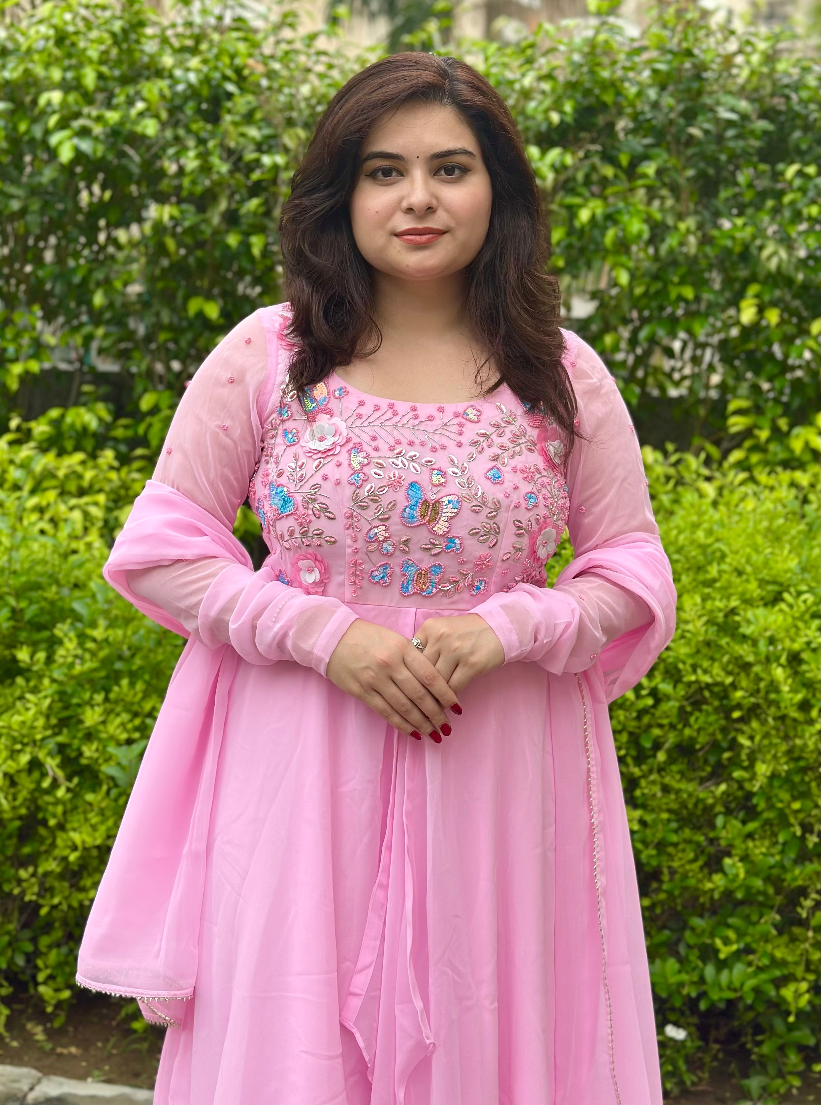 Hand embroidered georgette pink anarkali