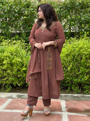 Hand embroidered brown georgette suit set