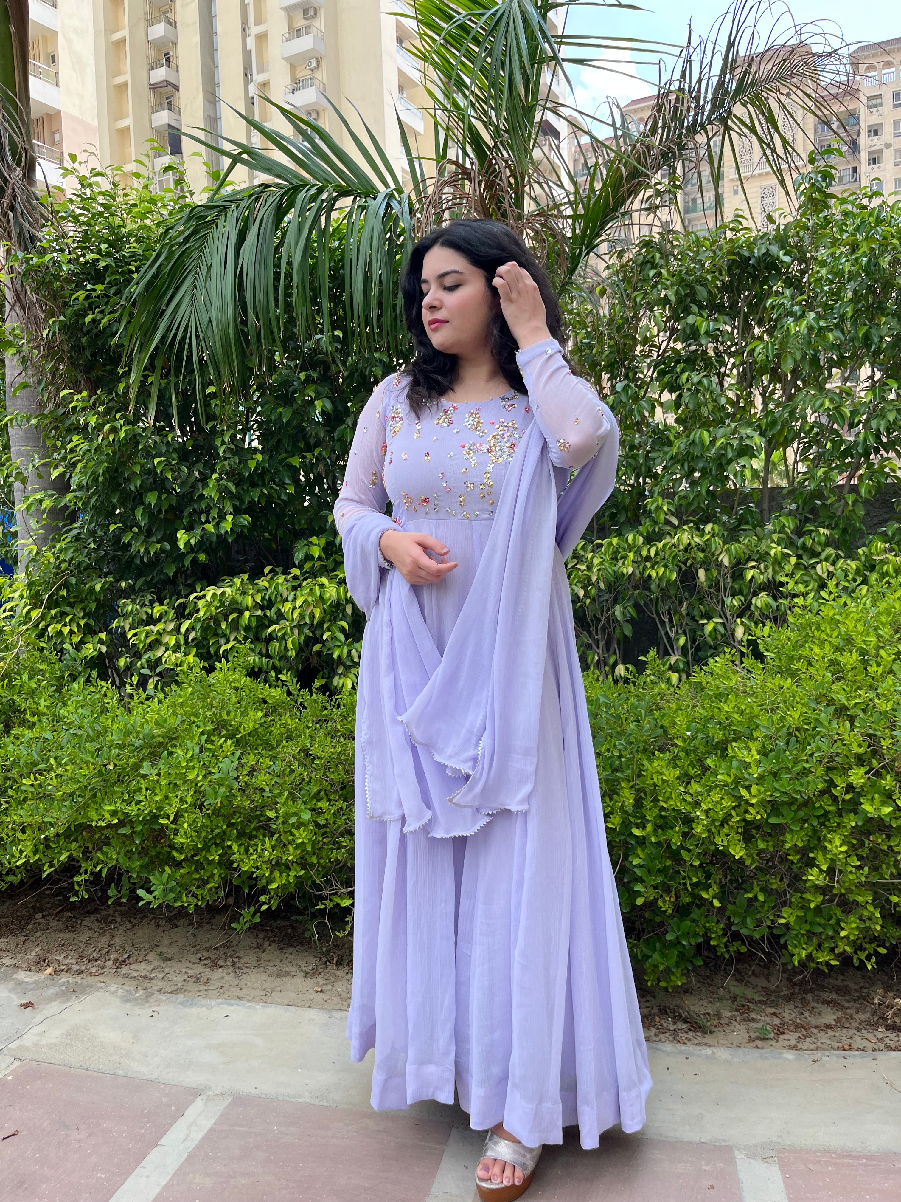 Party wear hand embroidered lilac chiffon anarkali