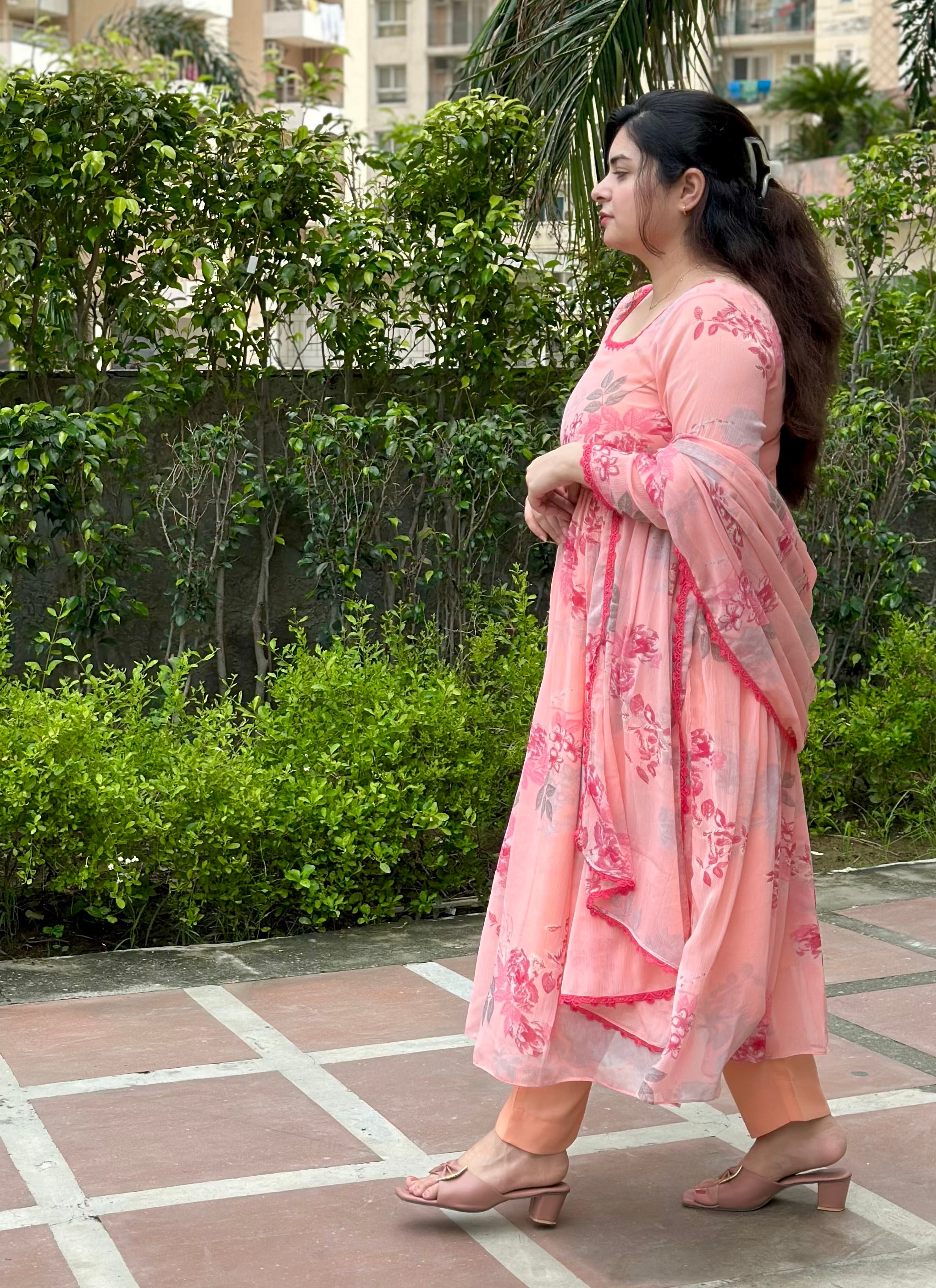Peach Floral Chiffon Festive Wear Anarkali Set| kasumi