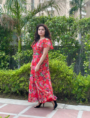 Floral Printed Chiffon Maxi With Umbrella Sleeves- Chic Party&Festive wear