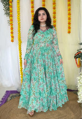 Hand embroidered sea green printed chiffon anarkali skirt set