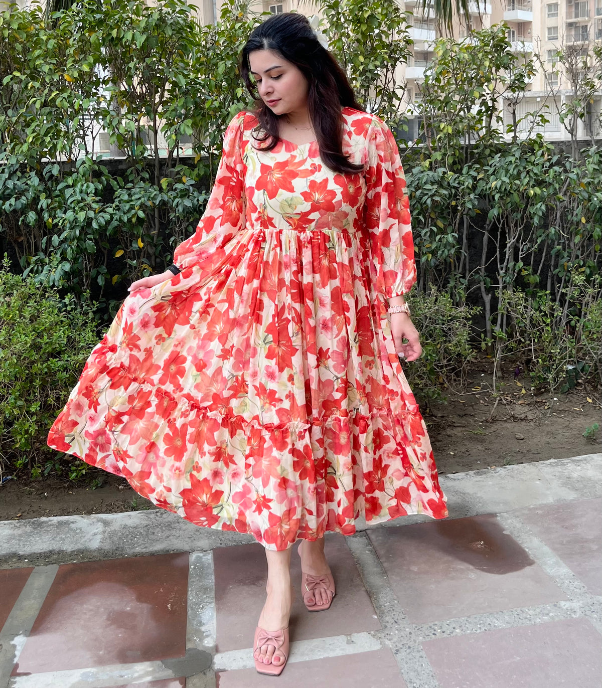 Floral chiffon summer orange frock