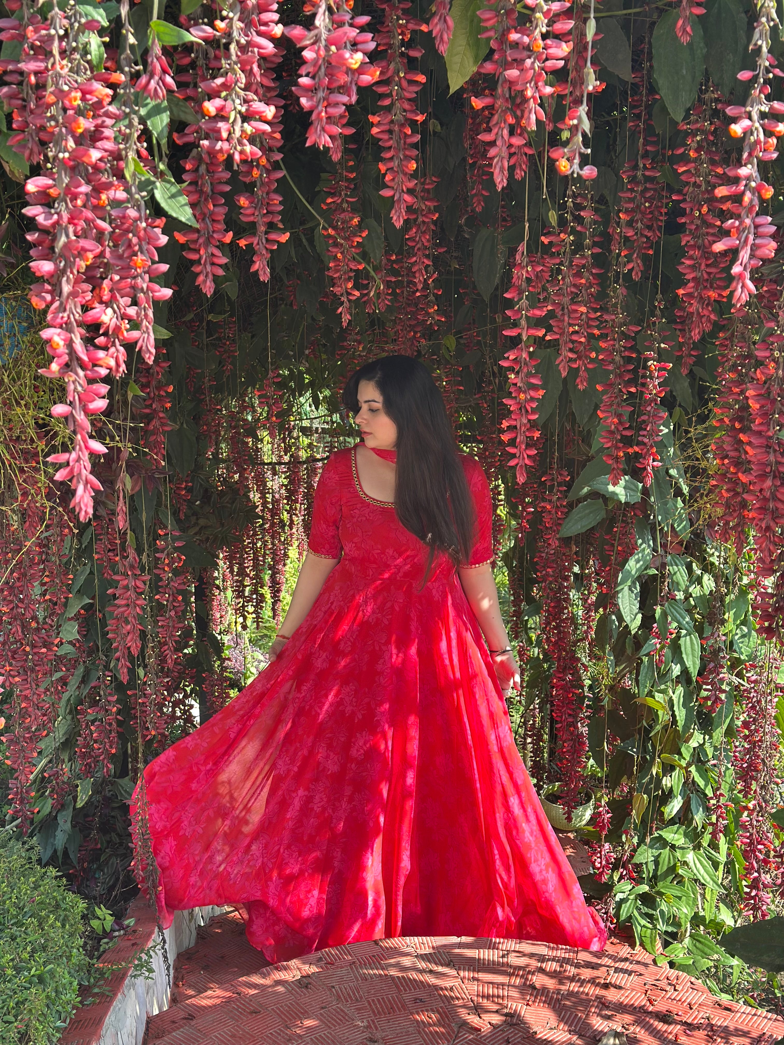 Party wear hand embroidered red printed anarkali