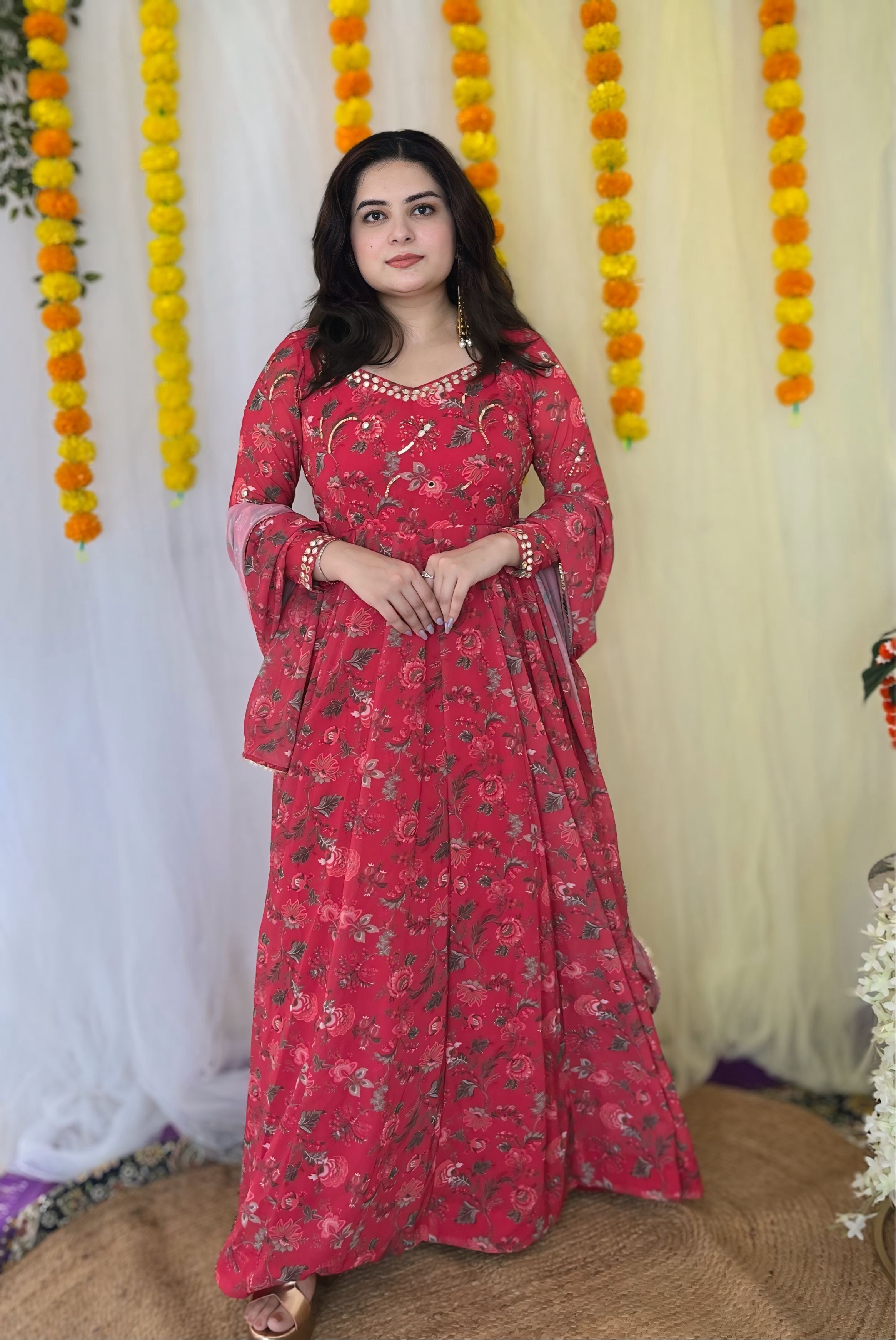 Party wear Hand Embroidered Digital printed Anarkali with dupatta