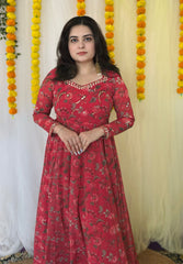 Party wear Hand Embroidered Digital printed Anarkali with dupatta