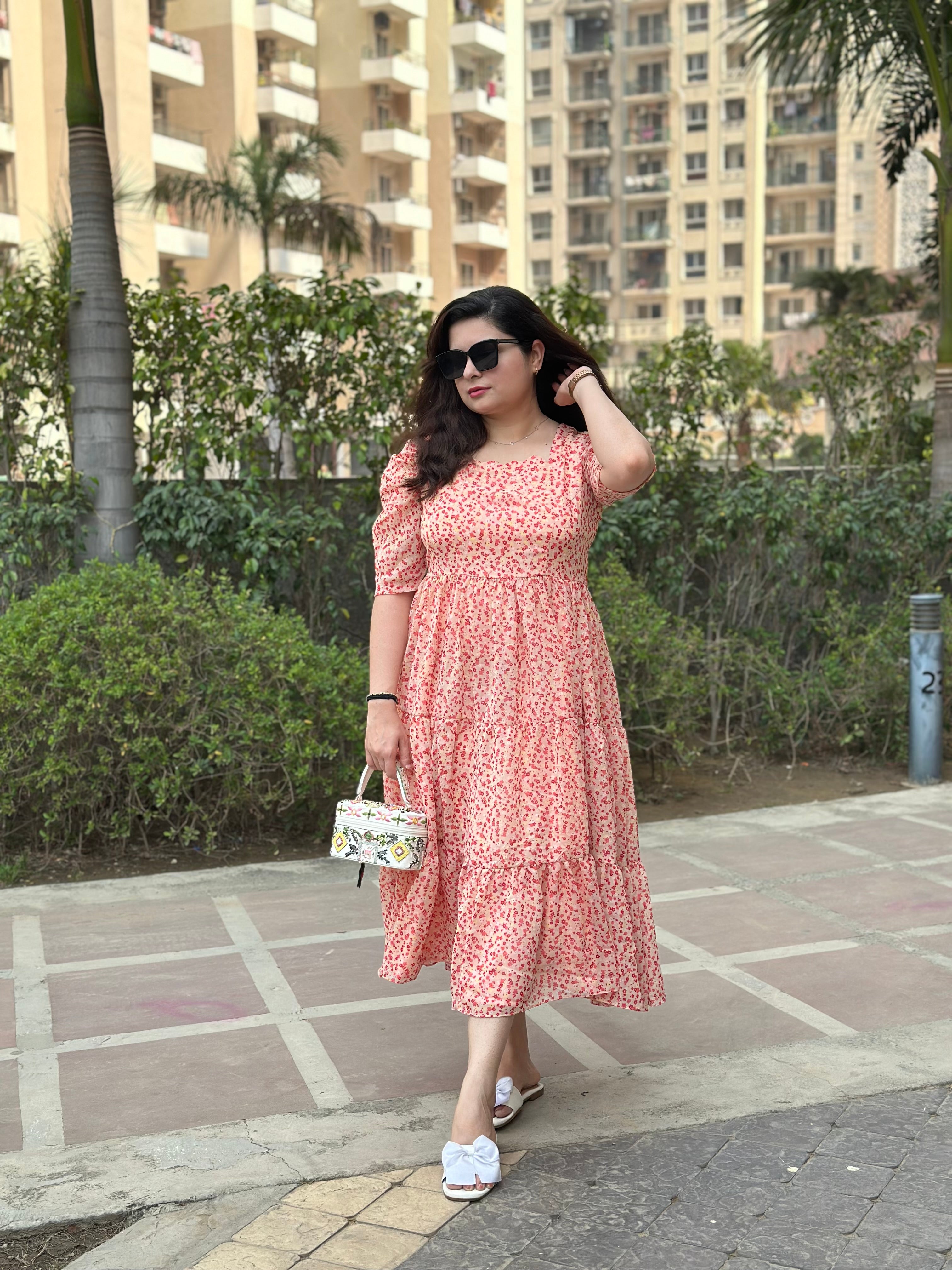 Stylish Pink Dress For Women| Georgette 3 Layer Summer Dress