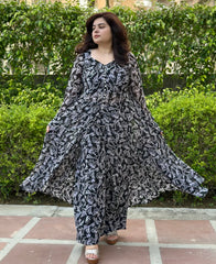 Black & White Georgette Front Slit Anarkali Set