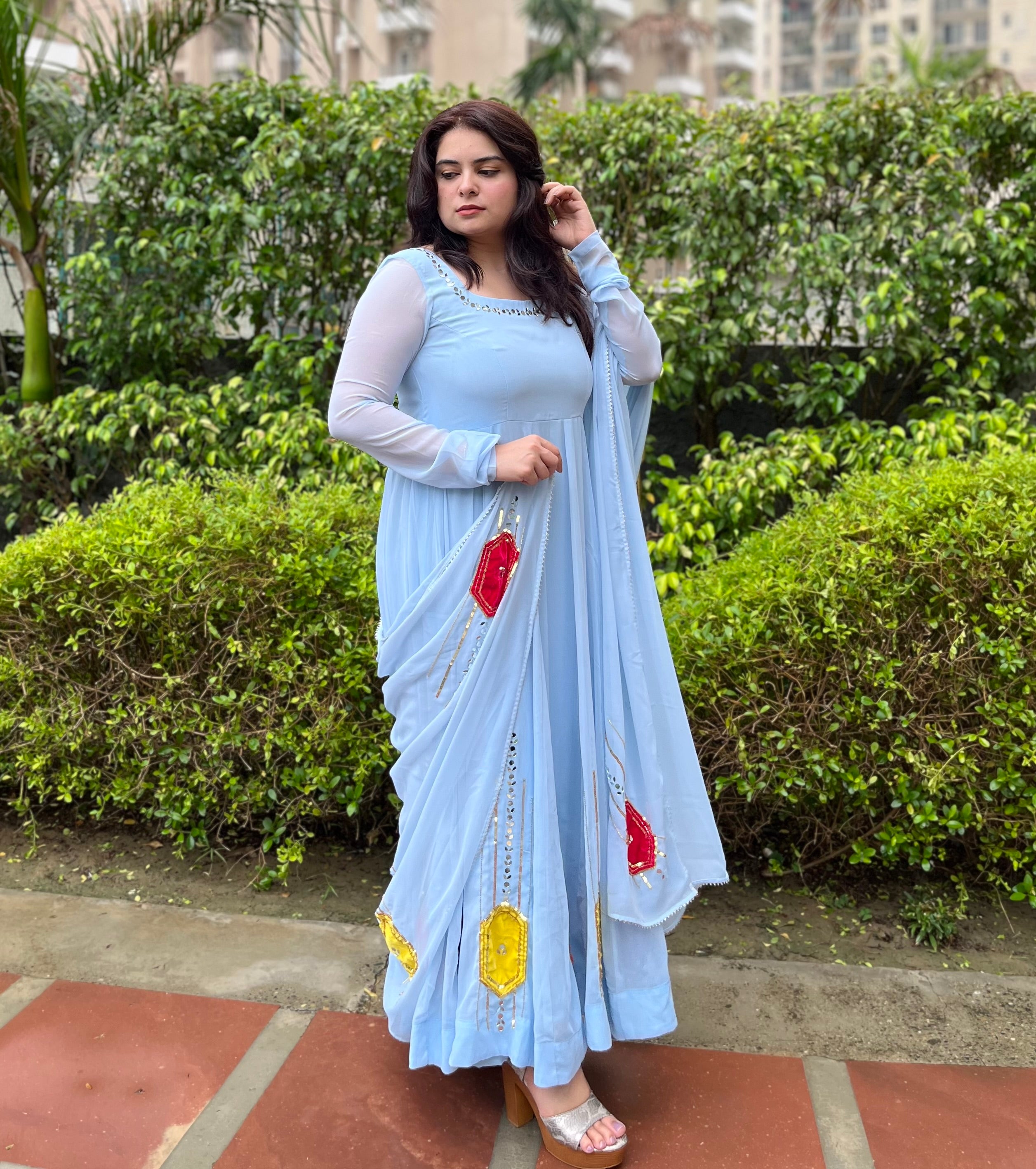 Party wear Hand Embroidered Powder Blue Georgette Anarkali
