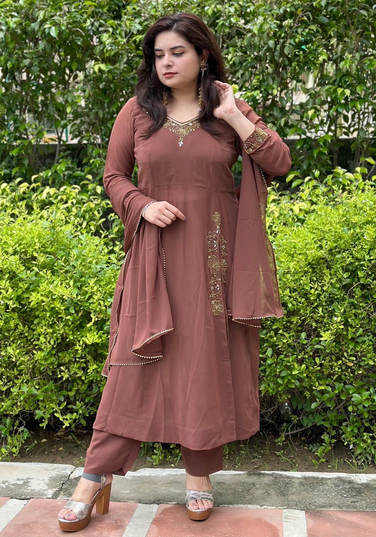 Hand embroidered brown georgette suit set