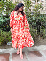 Floral chiffon summer orange frock