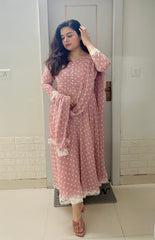 Mauve pink polka georgette anarkali kurta set