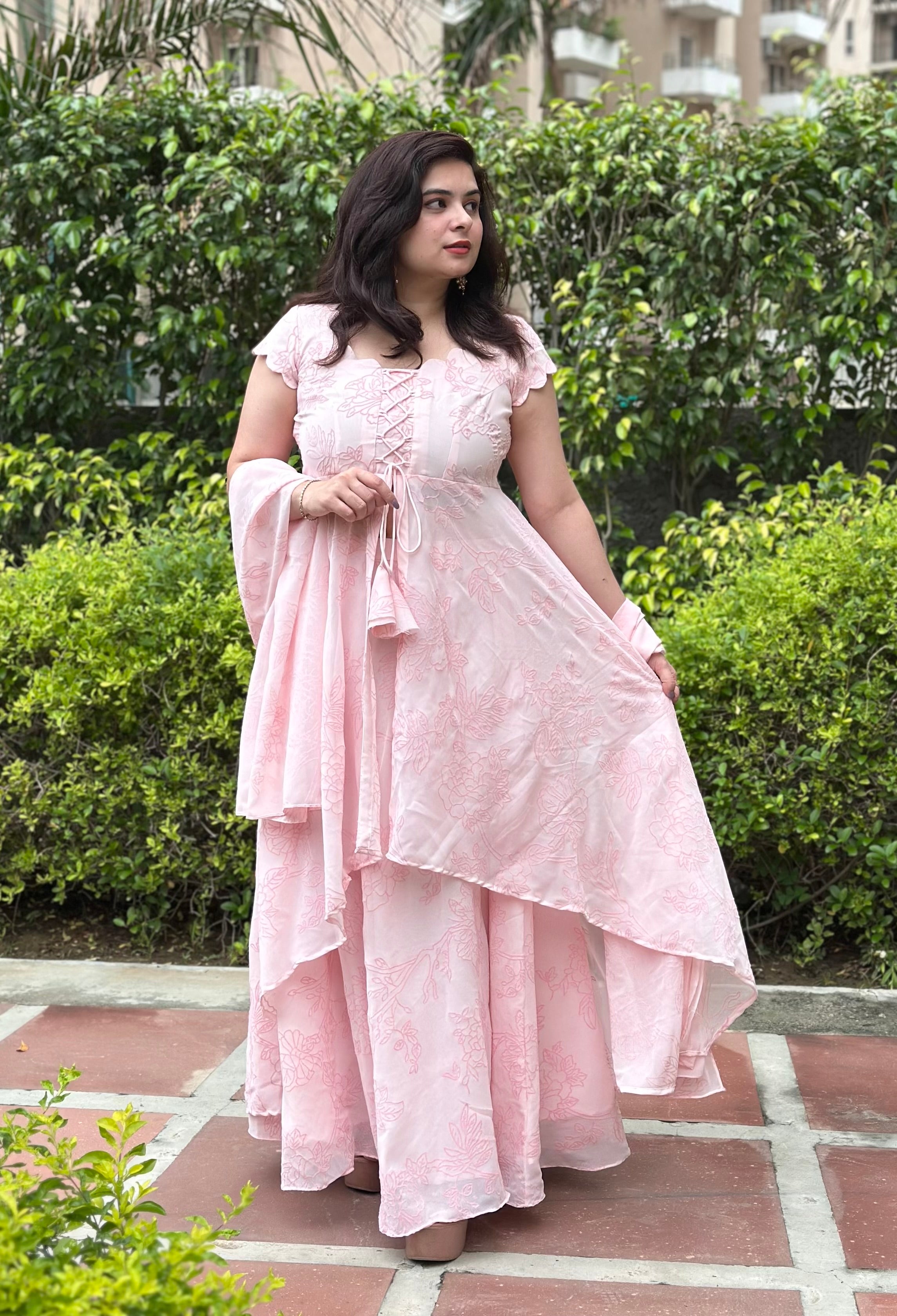 Pastel pink georgette skirt set