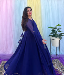 Party wear hand embroidered ink blue anarkali