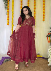 Party wear hand embroidered glass tissue anarkali set