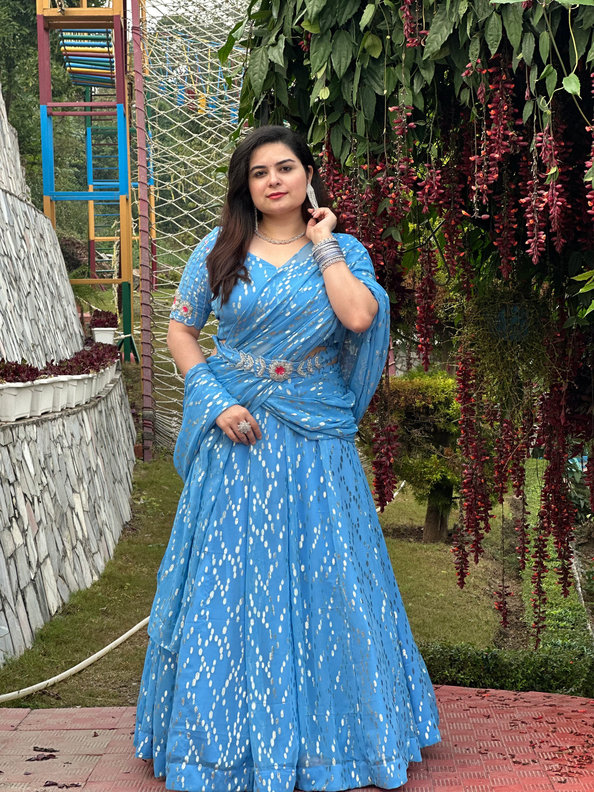 Hand embroidered blue Georgette self embroidered lehnga saree