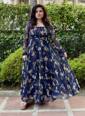 Dark Blue Floral Chiffon Anarkali With Dupatta | Heavy flare