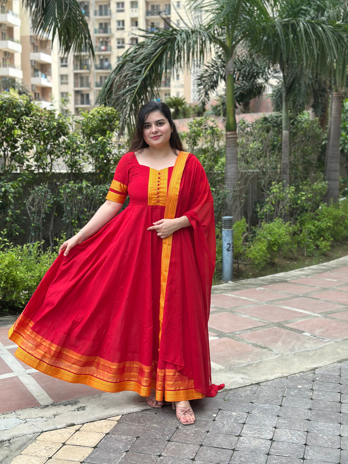 Red Cotton Anarkali Gown with zari Border| South Temple Style