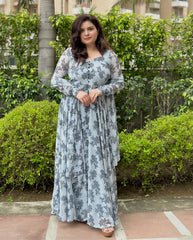Grey Printed Chiffon Anarkali With Dupatta| Heavy Flare