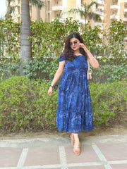 Navy Blue Printed Chiffon Frock For Women| Summer Flowing Midi Dress