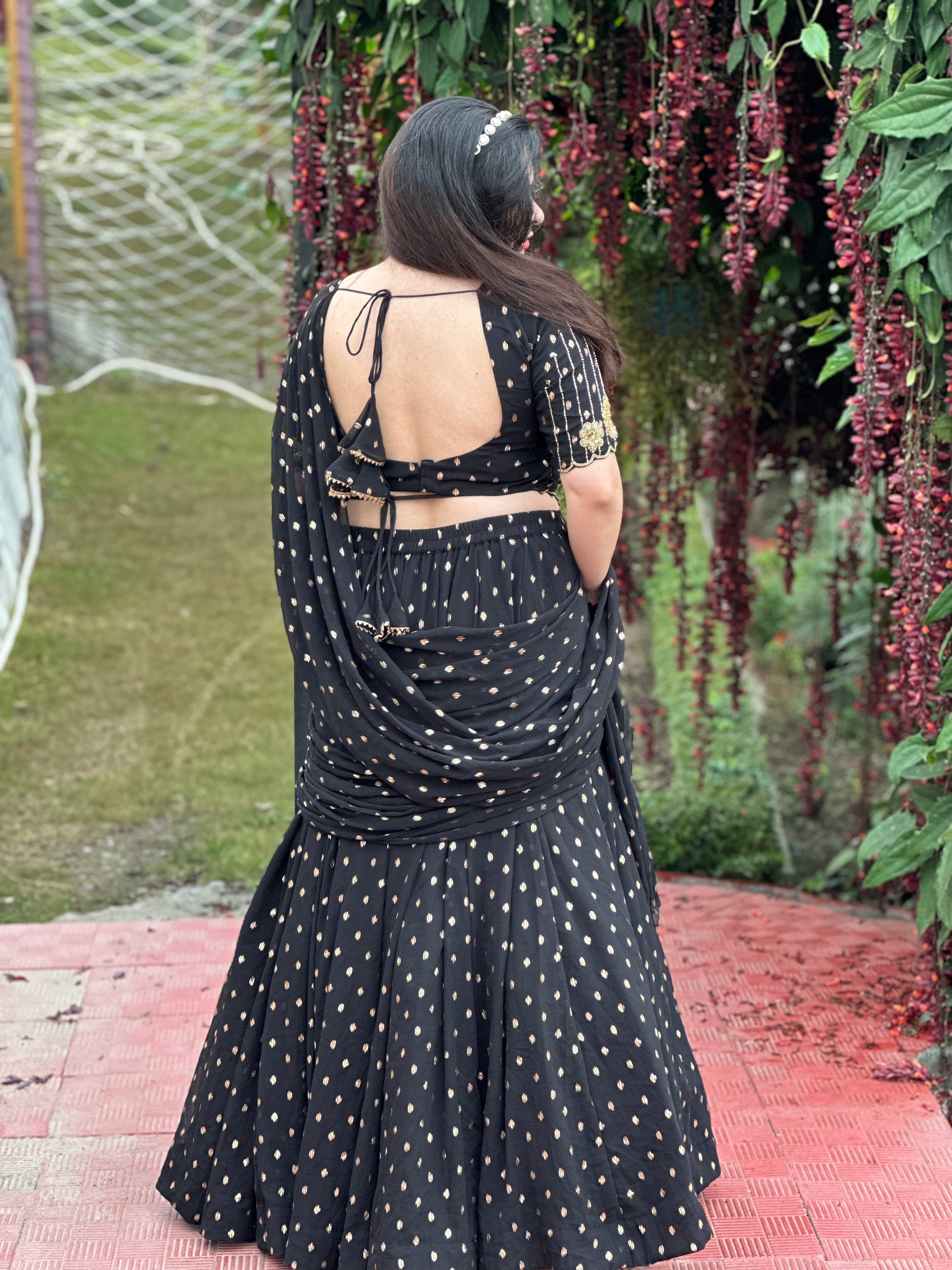 Hand embroidered black foil printed chiffon lehnga saree