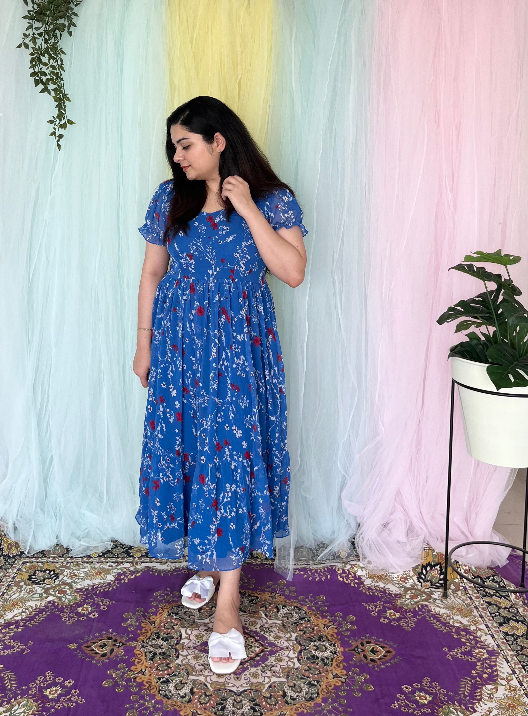 Floral blue chiffon midi