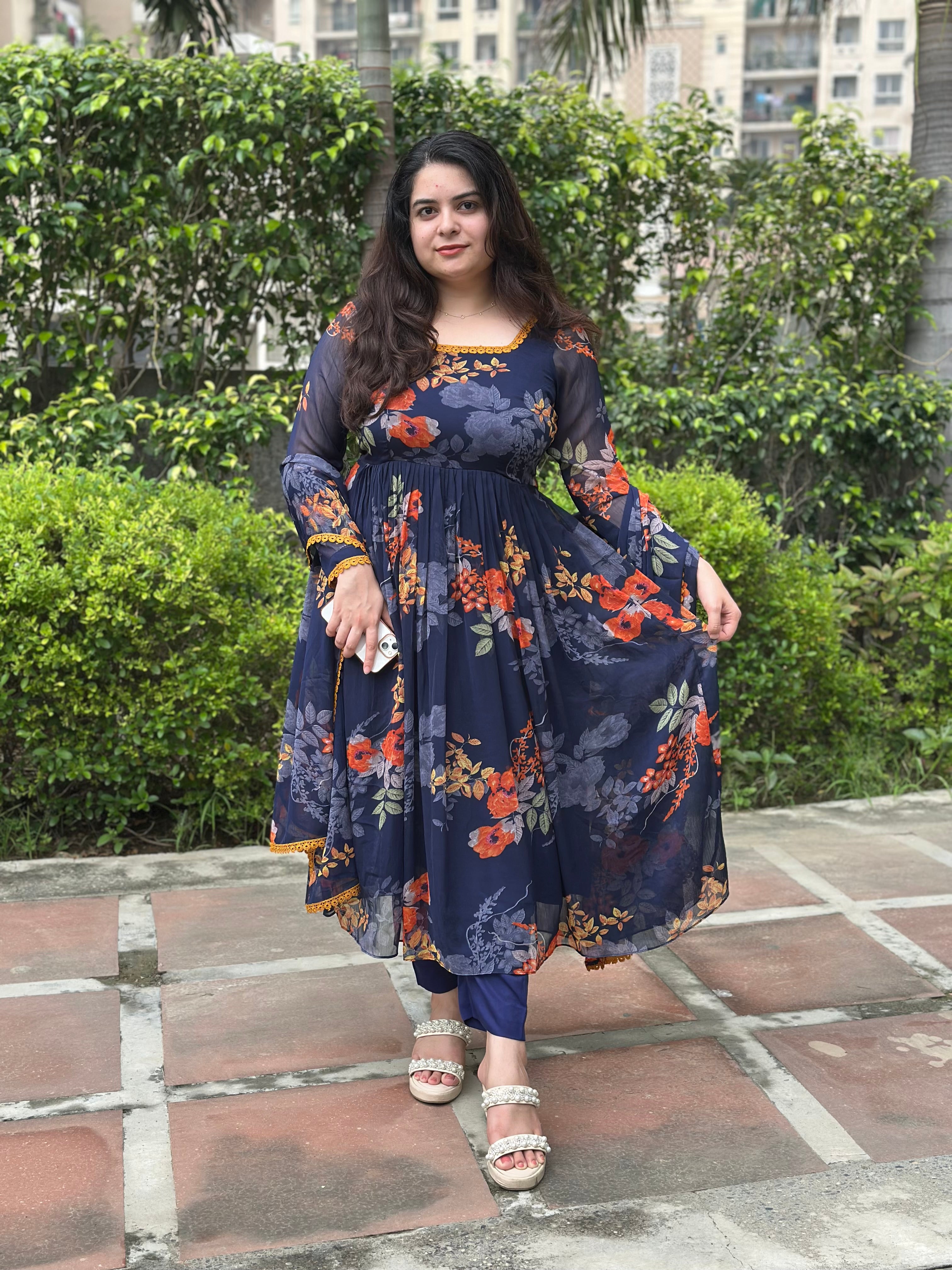 Navy Printed Floral Kurta Set