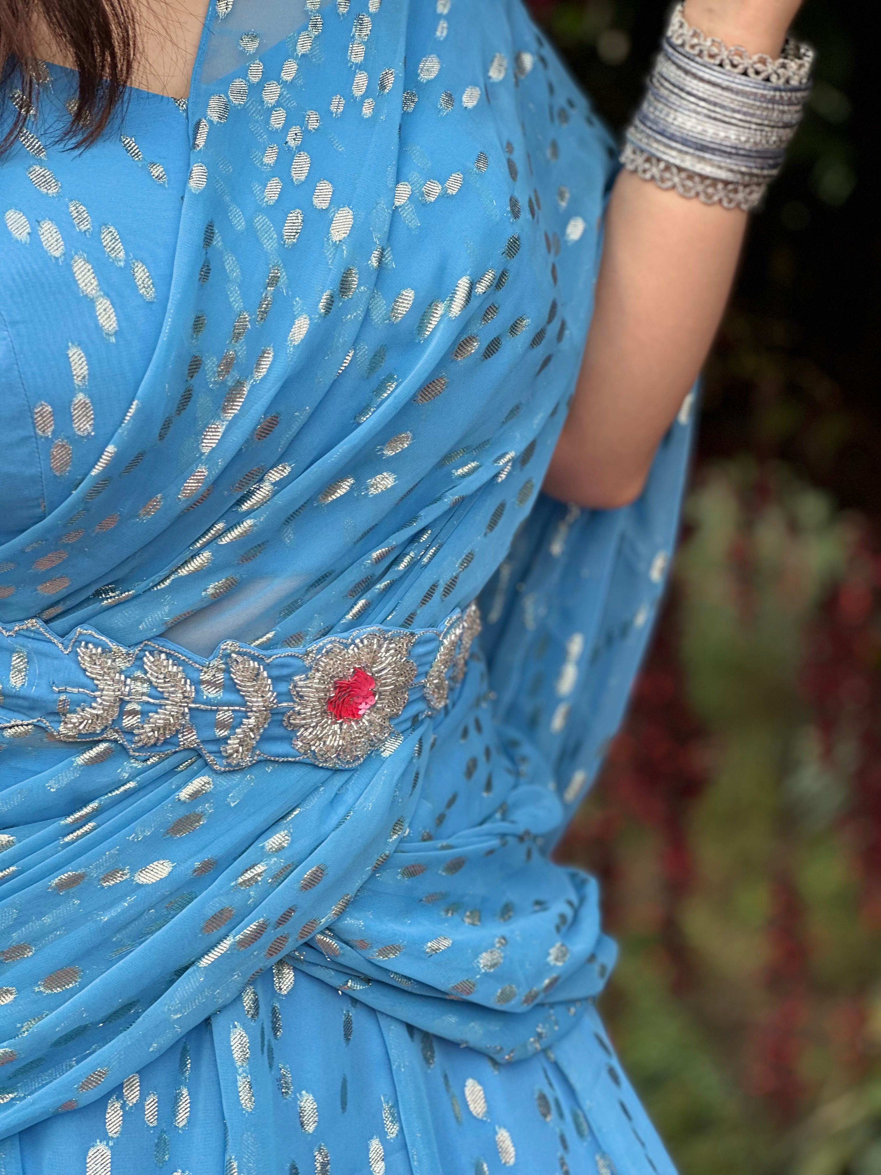 Hand embroidered blue Georgette self embroidered lehnga saree