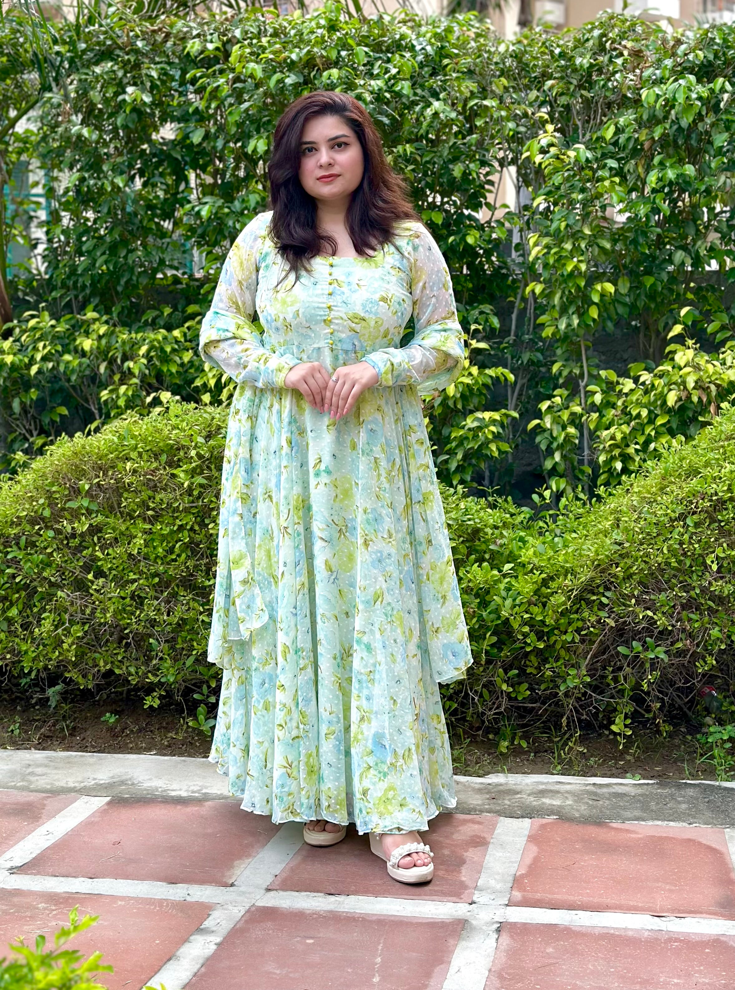 Floral Printed Dobby Chiffon Anarkali with Dupatta