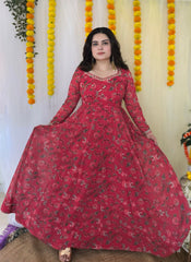 Party wear Hand Embroidered Digital printed Anarkali with dupatta