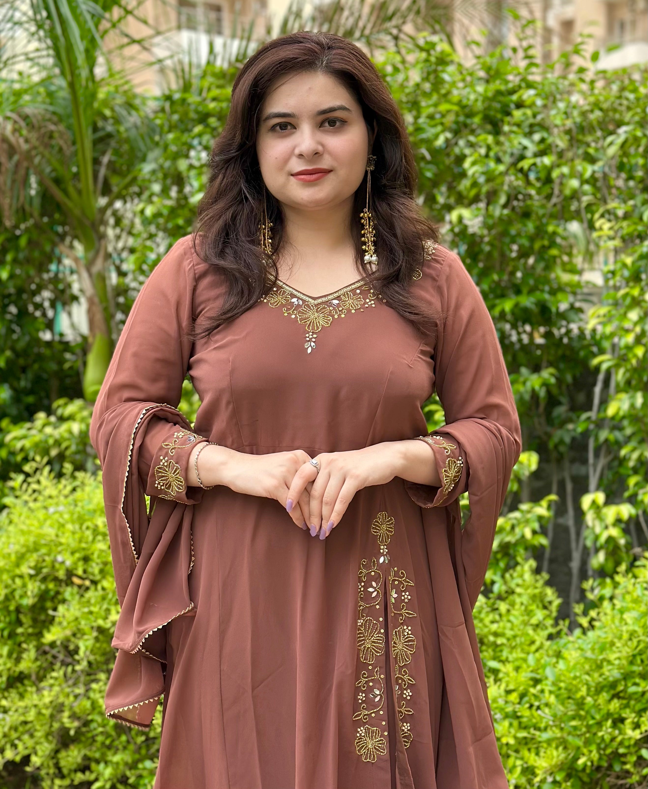 Hand embroidered brown georgette suit set