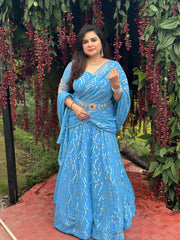 Hand embroidered blue Georgette self embroidered lehnga saree