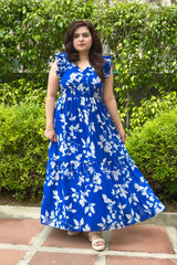 Printed Blue Georgette Tiered Maxi Dress