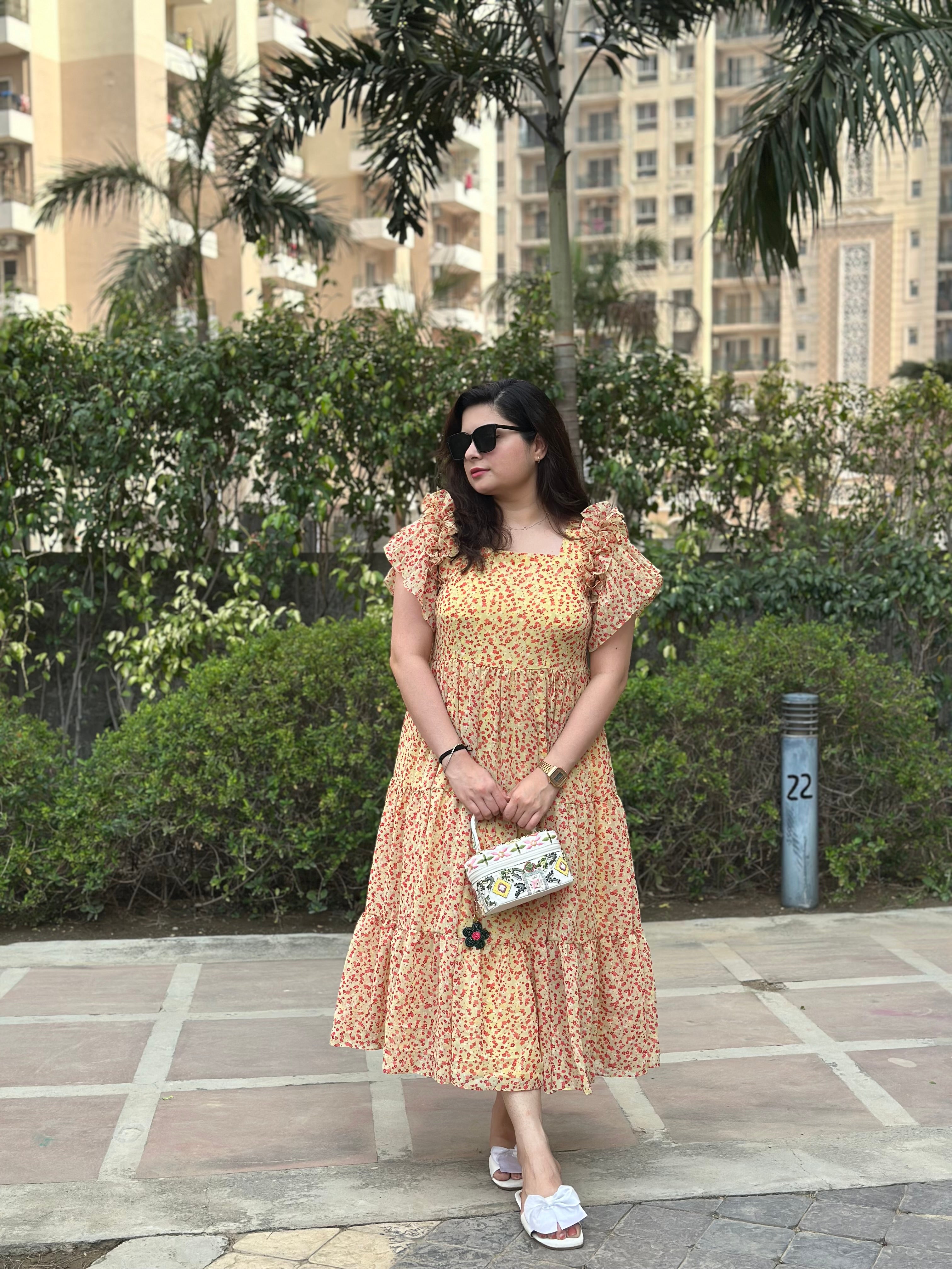 Yellow Georgette Summer Dress For Women with Flattering Sleeves