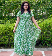 Green Printed Georgette Maxi Dress