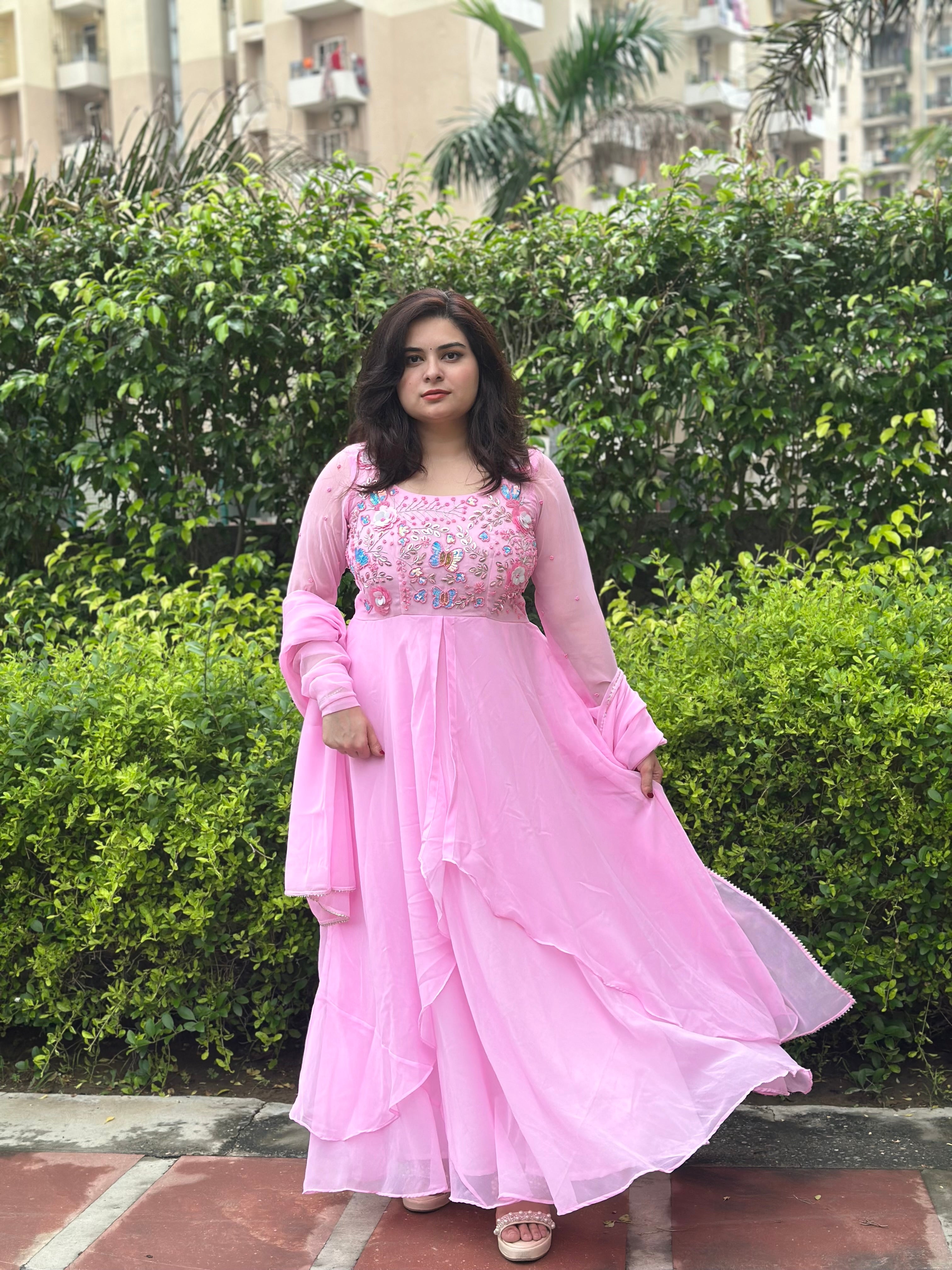 Hand embroidered georgette pink anarkali