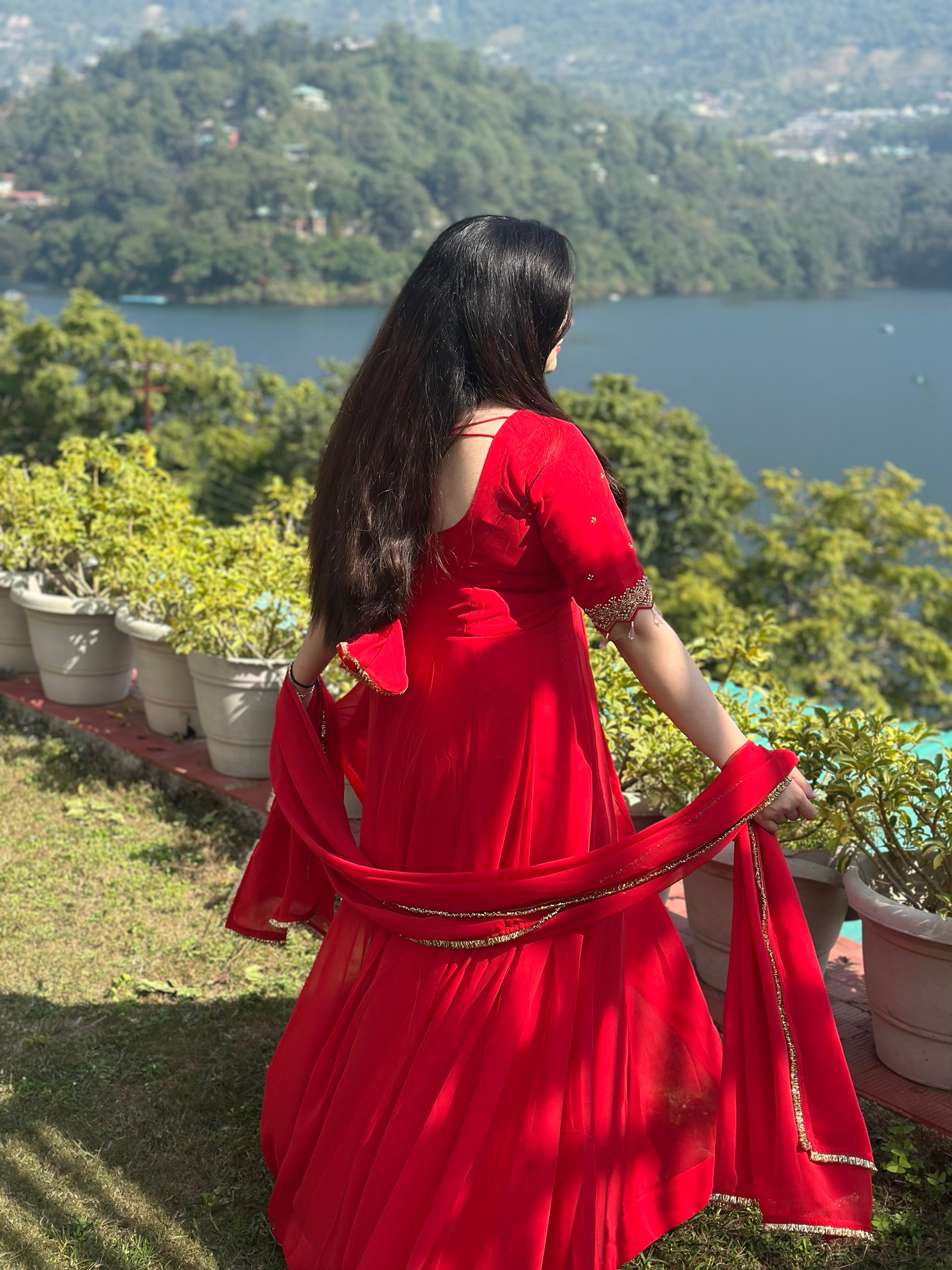 Party wear Hand embroidered red Anarkali