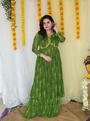 Party-wear Hand Embroidered Green Sharara Suit set