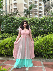 Hand Embroidered Pink Foil Printed Skirt Set