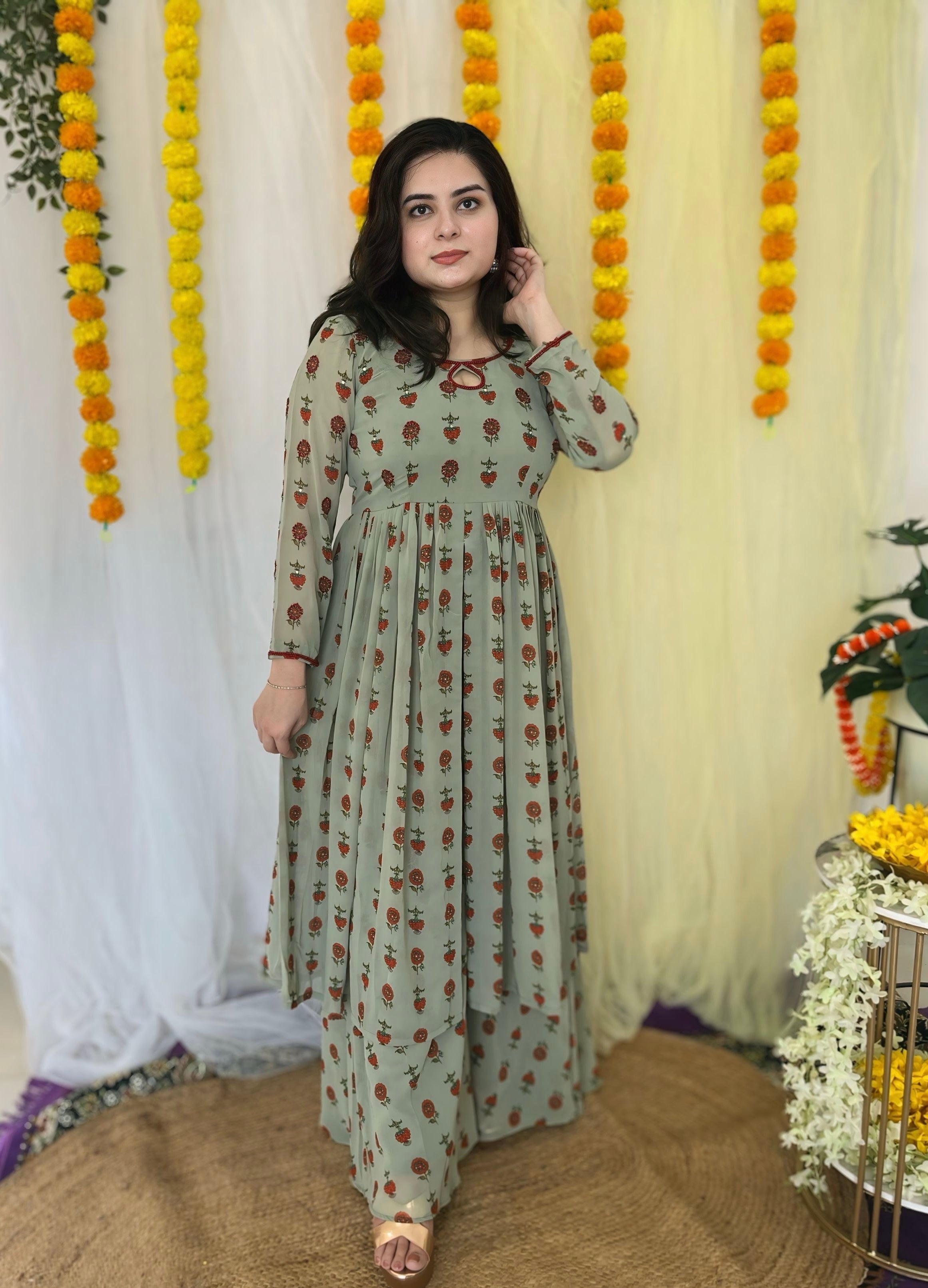 Hand embroidered printed Georgette kurta set