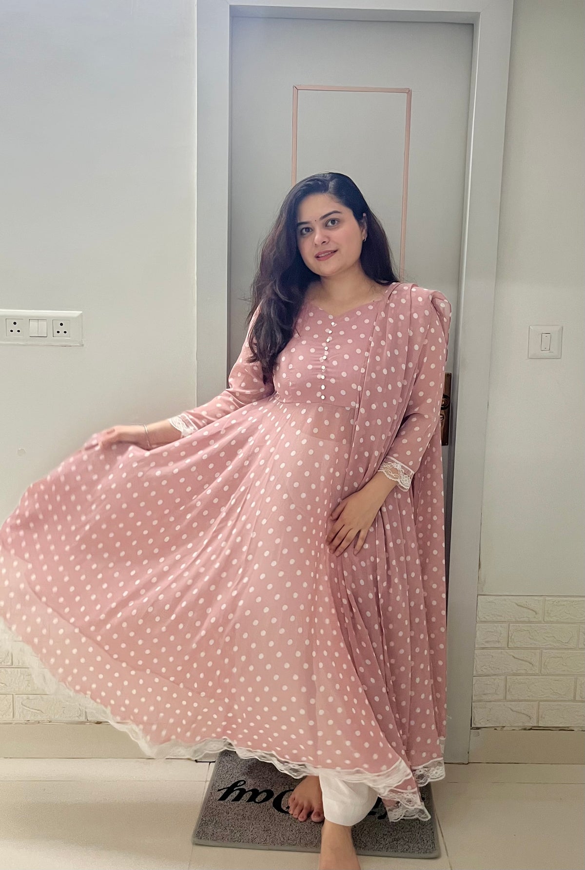 Mauve pink polka georgette anarkali kurta set