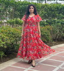 Floral Printed Chiffon Maxi With Umbrella Sleeves- Chic Party&Festive wear