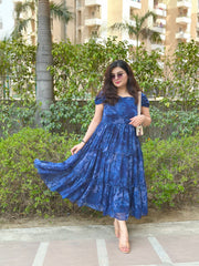 Navy Blue Printed Chiffon Frock For Women| Summer Flowing Midi Dress