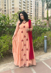 Partywear hand embroidered peach maxi