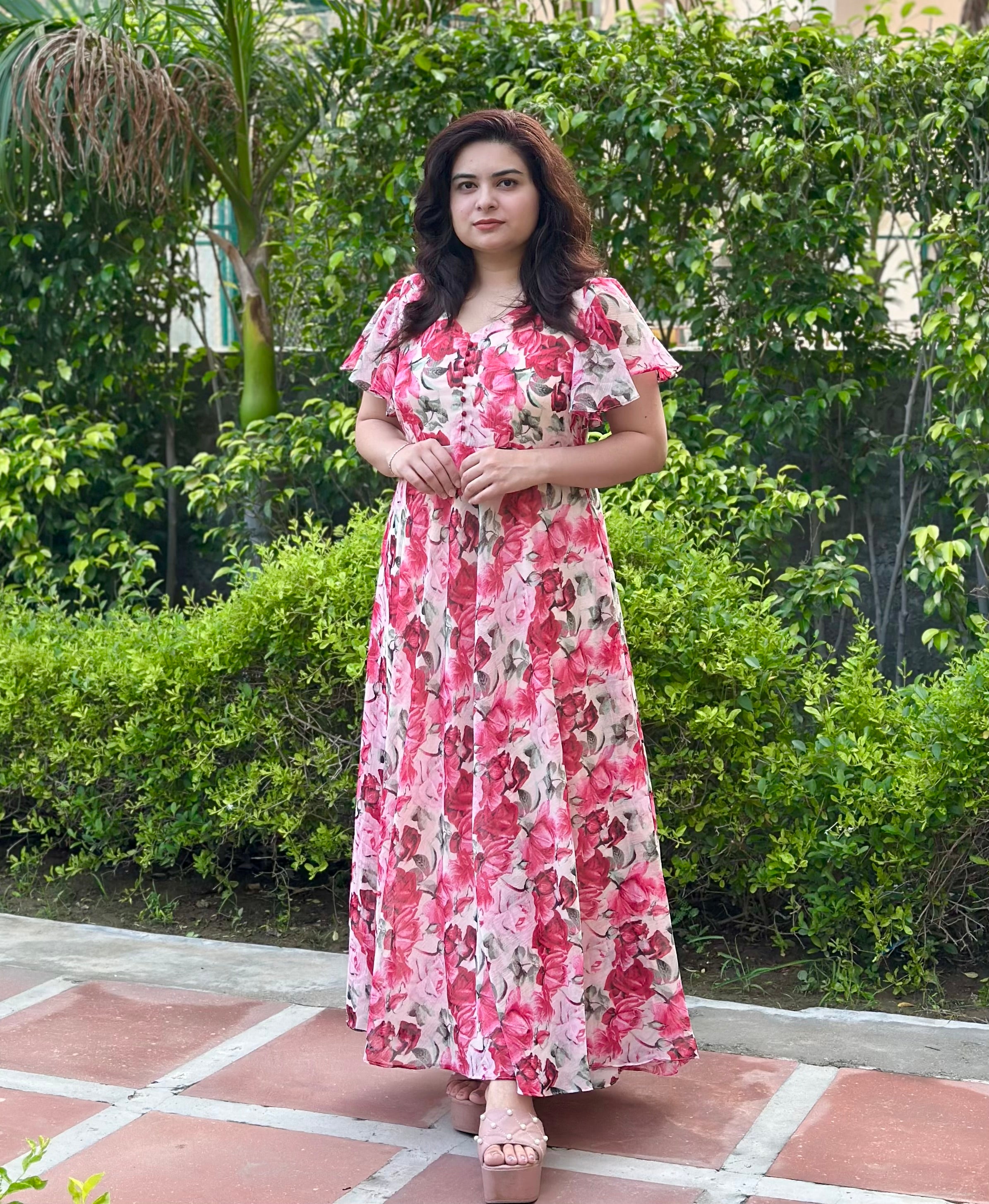Floral Pink Chiffon Maxi Dress
