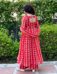 Red lurex front slit anarkali kurta set