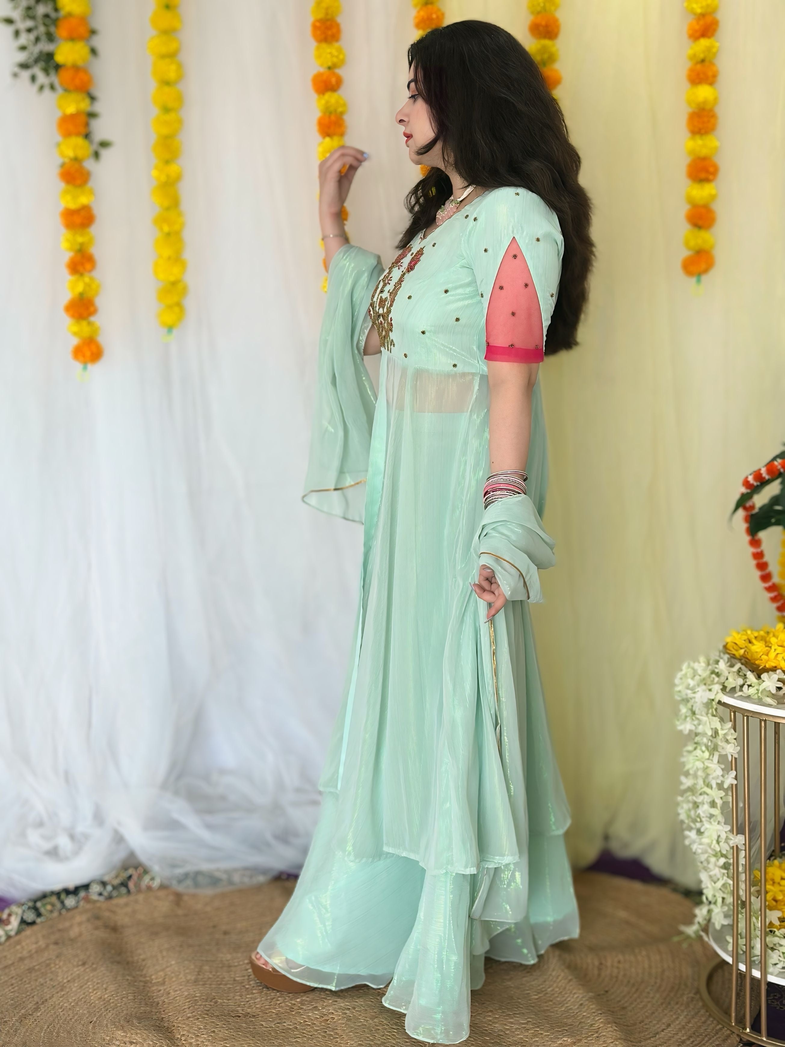 Partywear Hand embroidered Sea Green Skirt Set